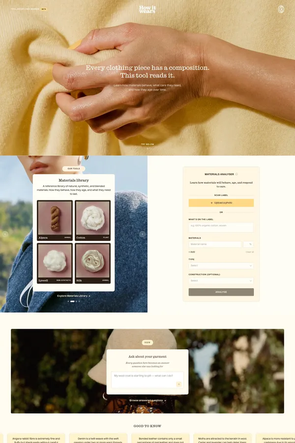 How It Wears · Materials Care & Composition Guide - Landing design inspiration