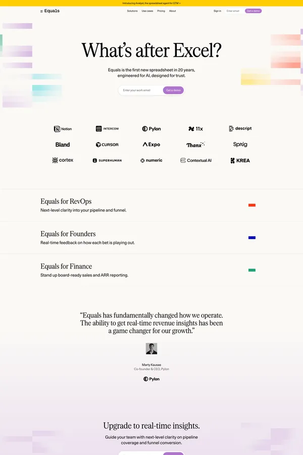 GTM analytics | Equals - Landing design inspiration