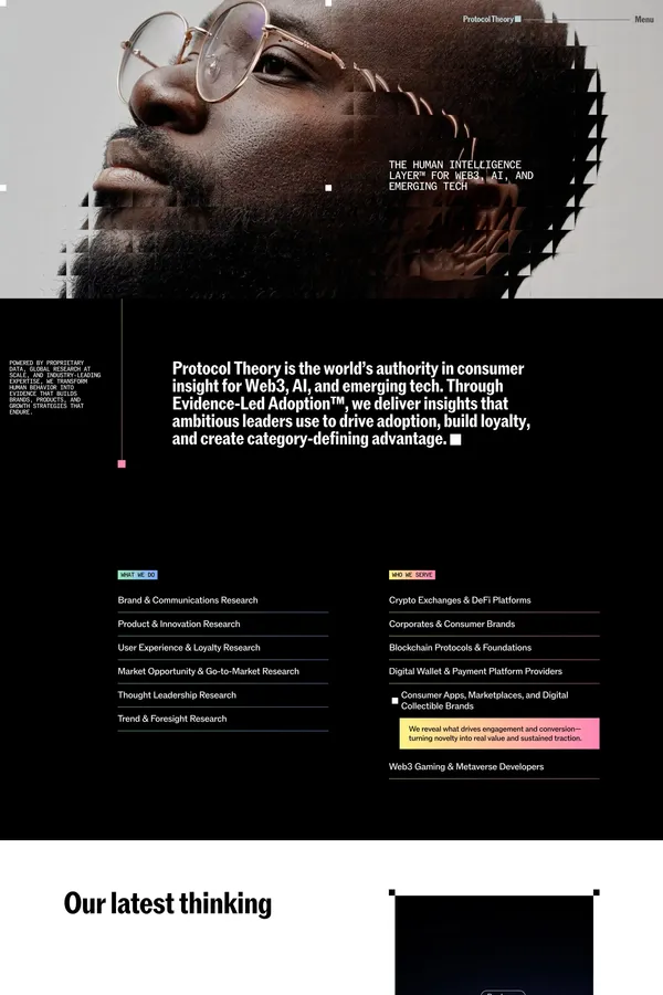 Protocol Theory |  Protocol Theory | Evidence-Based Consumer Insight for Web3, AI, and Emerging Tech - Portfolio design inspiration