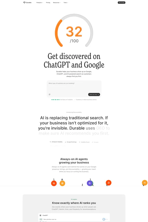 Discoverability – Get found on Google & AI search | Durable - Landing design inspiration