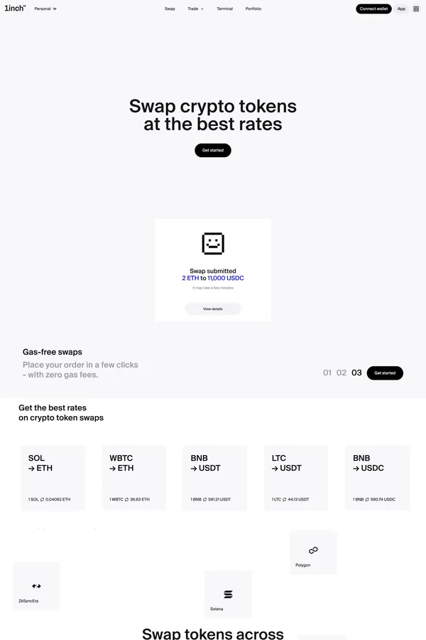 1inch | Swap Crypto Tokens at the Best Rates in DeFi - Landing design inspiration