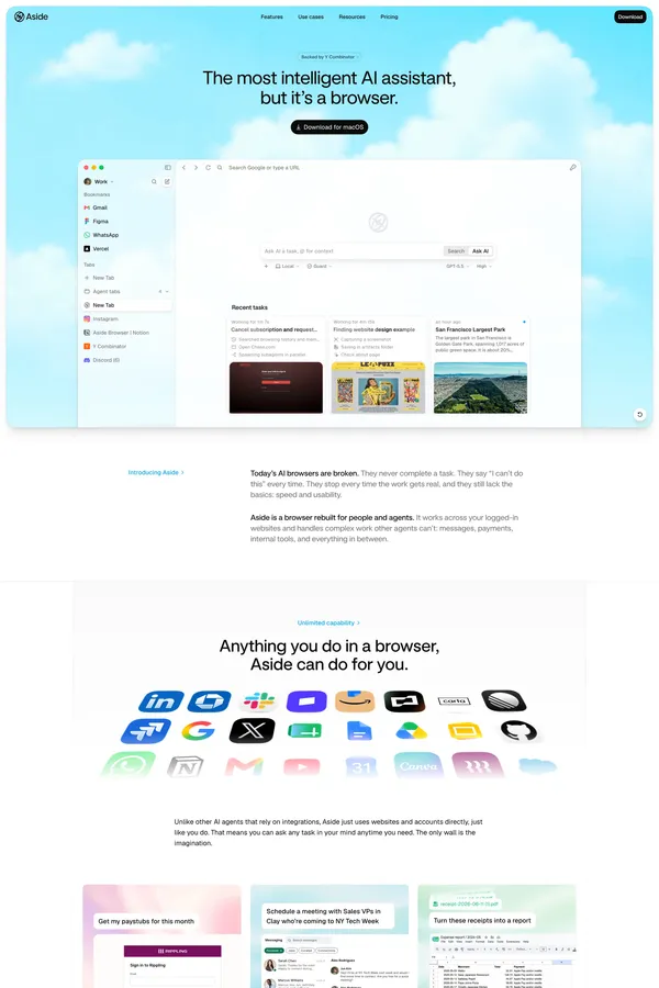 Aside | The browser built to do real work for you - Landing design inspiration