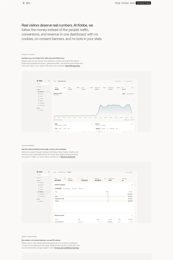 Kobbe: Web analytics that respect your visitors - Landing design inspiration