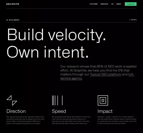 Build SEO Velocity. Own intent // Graphite - Landing design inspiration