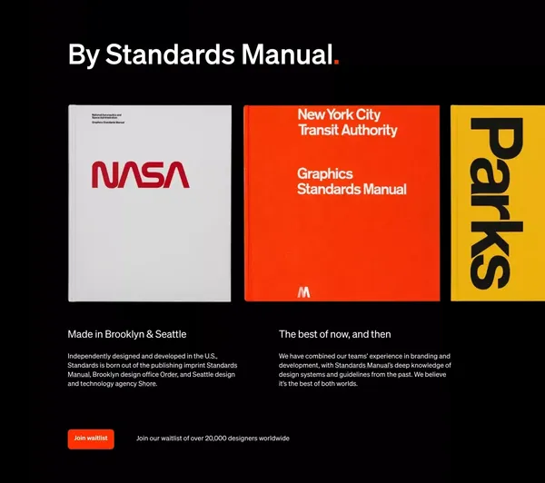 Standards • Design and publish advanced, precise online brand guidelines with no code. - Landing design inspiration