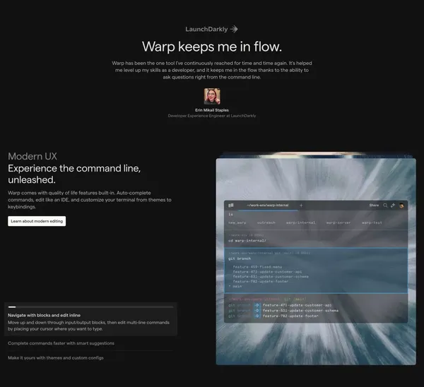 Warp: The intelligent terminal - Landing design inspiration