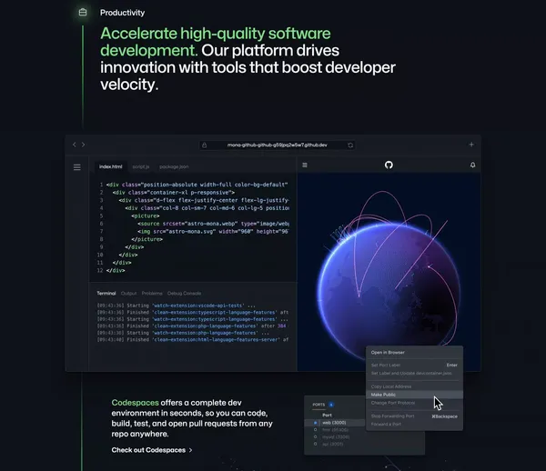 GitHub: Let’s build from here · GitHub - Landing design inspiration