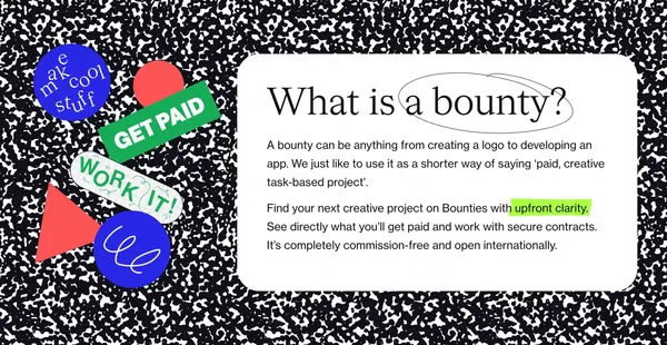 Find and work on your next creative project - Bounties - Landing design inspiration