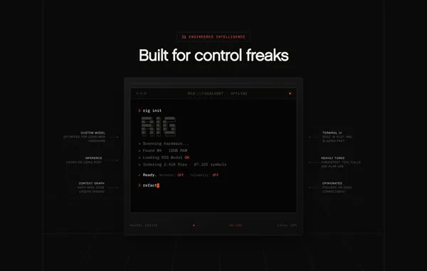 Rig - Local-First AI Coding Assistant - Landing design inspiration