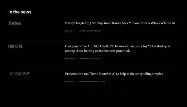 Tome - AI-powered storytelling - Landing design inspiration