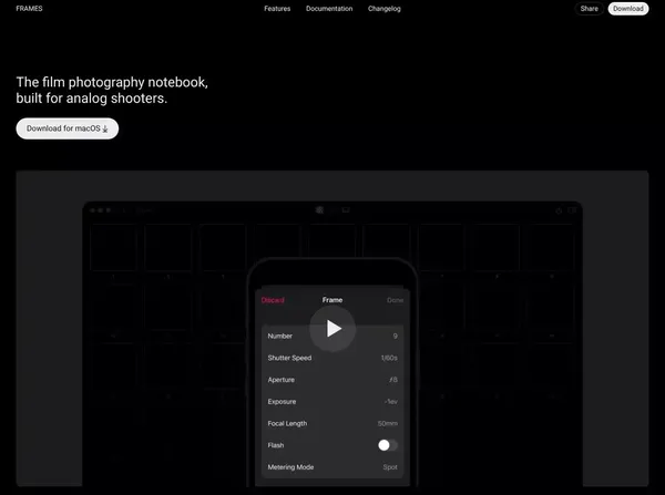 Frames: Film Photography App, Notebook & Analog Metadata - Landing design inspiration