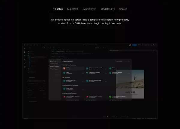 CodeSandbox: Online Code Editor and IDE for Rapid Web Development - Landing design inspiration