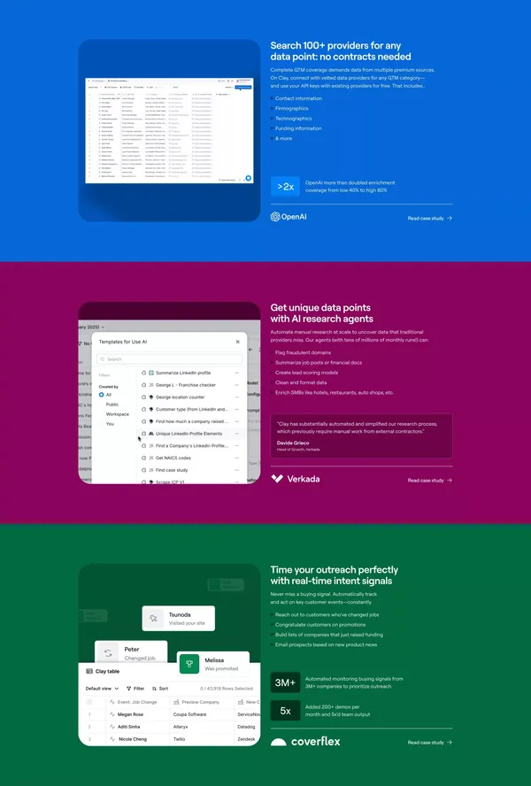 Clay |  Go to market with unique data — and the ability to act on it - Landing design inspiration