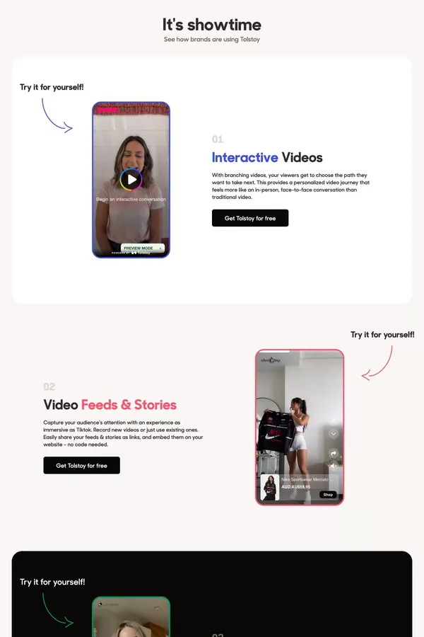 Add video commerce to your site with 1 click | Tolstoy - Landing design inspiration