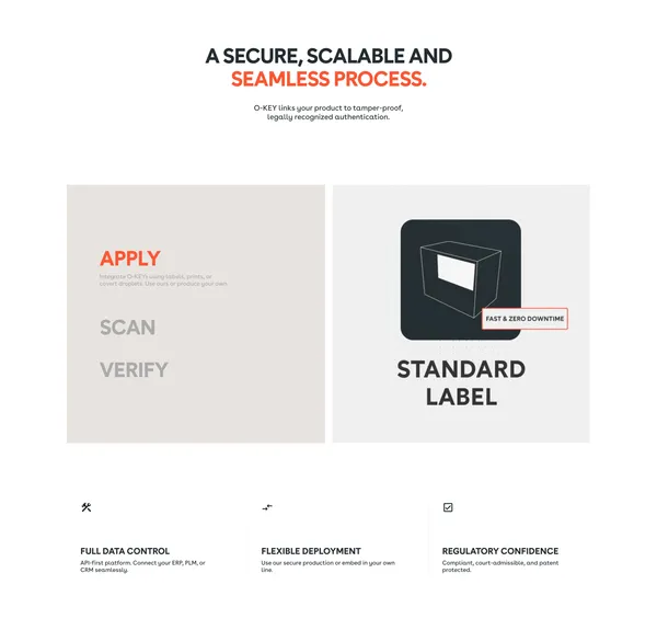 O-KEY | Unclonable Product Authentication, Traceability & Anti-Counterfeit Tech - Landing design inspiration