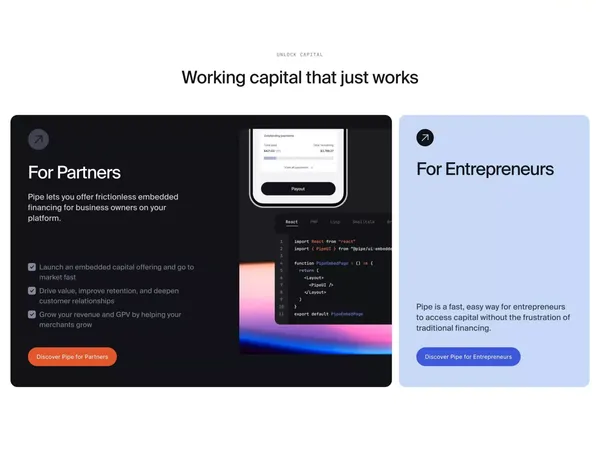 Pipe lets you turn future revenue into up-front capital - Landing design inspiration