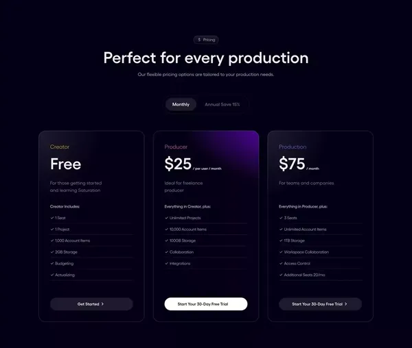 Saturation.io: Film Budgeting Software & Tools for Producers - website design inspiration