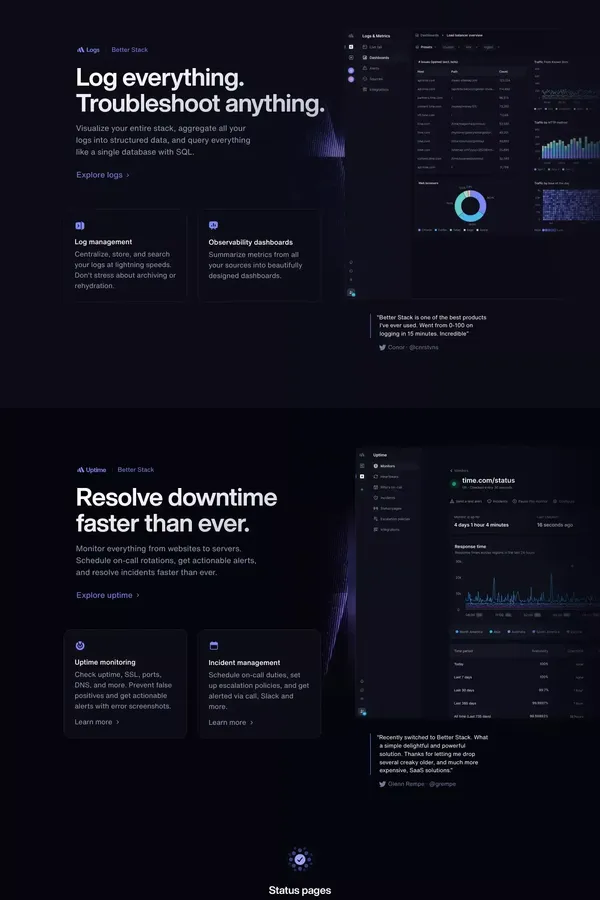 Better Stack: Spot, Resolve, and Prevent Downtime. - Landing design inspiration