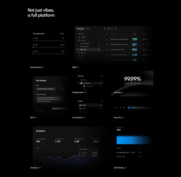 Framer: Create a professional website, free. No code website builder loved by designers. - Landing design inspiration