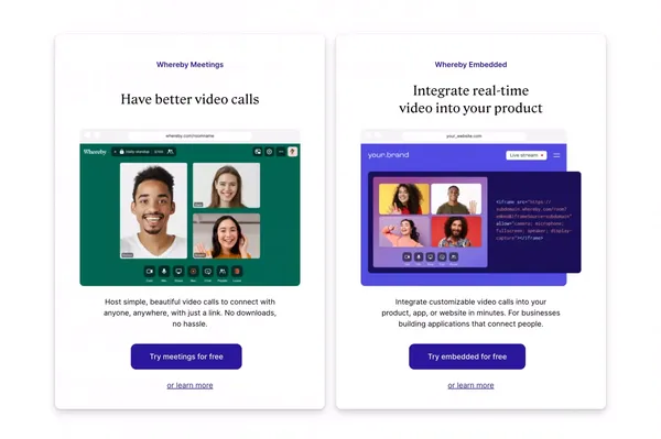 Video Meetings, Video Conferencing and Video Call API  | Whereby - Landing design inspiration