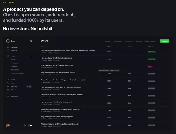 Ghost: Turn your audience into a business - Landing design inspiration