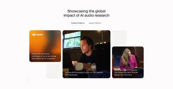 Free AI Voice Generator & Voice Agents Platform | ElevenLabs - Landing design inspiration