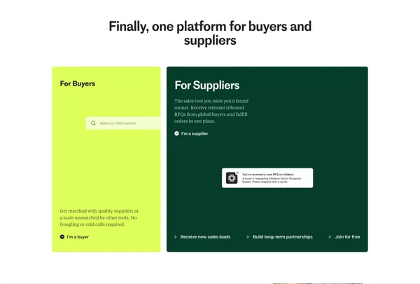 Valdera | The digital sourcing platform for chemicals and raw materials - Landing design inspiration