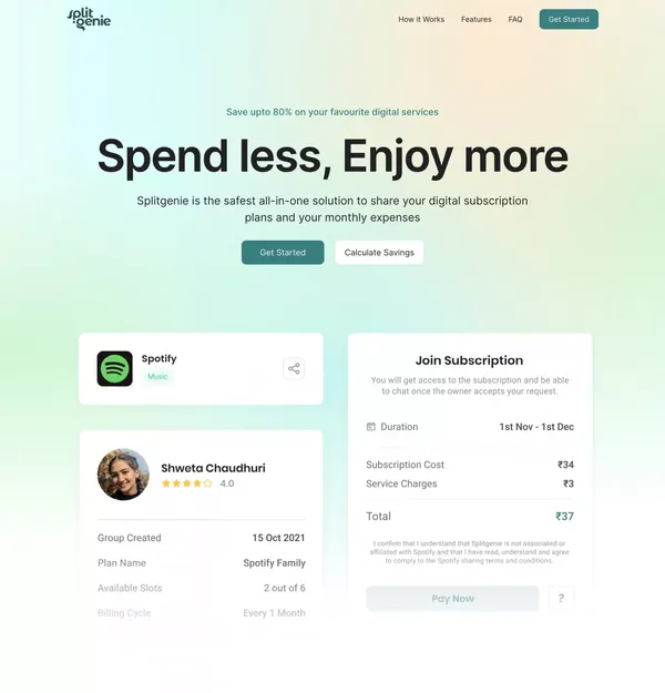 SplitGenie - Share and save upto 80% on your digital subscriptions - Landing design inspiration