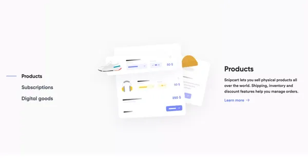 Add a Shopping Cart to Any Website in Minutes - Snipcart - Landing design inspiration