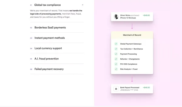 Payments, tax & subscriptions for software companies • Lemon Squeezy - Landing design inspiration