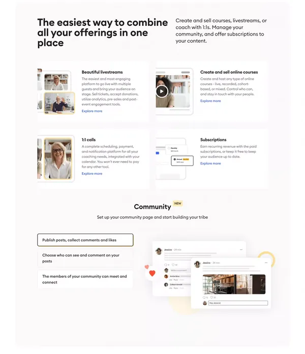 Superpeer | Home to your community with livestreams, live courses, 1:1s and more! - Landing design inspiration