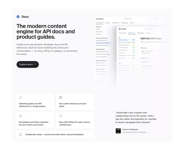 Hashnode — Build blogs and API docs for developers and teams. - Landing design inspiration