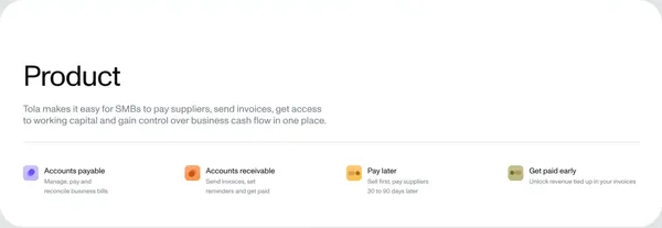 Tola - Accounts payable, accounts receivable and cash flow management - Landing design inspiration