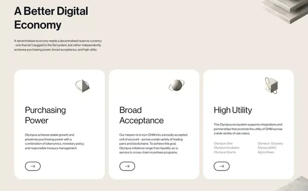 Olympus - The future decentralized reserve currency - Landing design inspiration