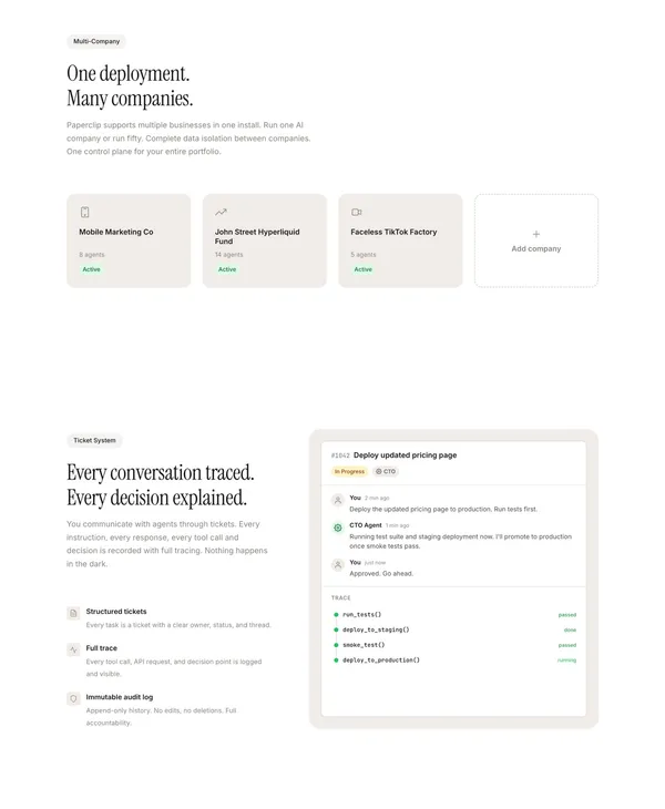 Paperclip — Open-source orchestration for zero-human companies - Landing design inspiration