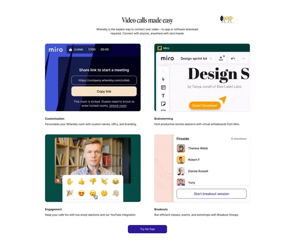 Video Meetings, Video Conferencing and Video Call API | Whereby - Landing design inspiration