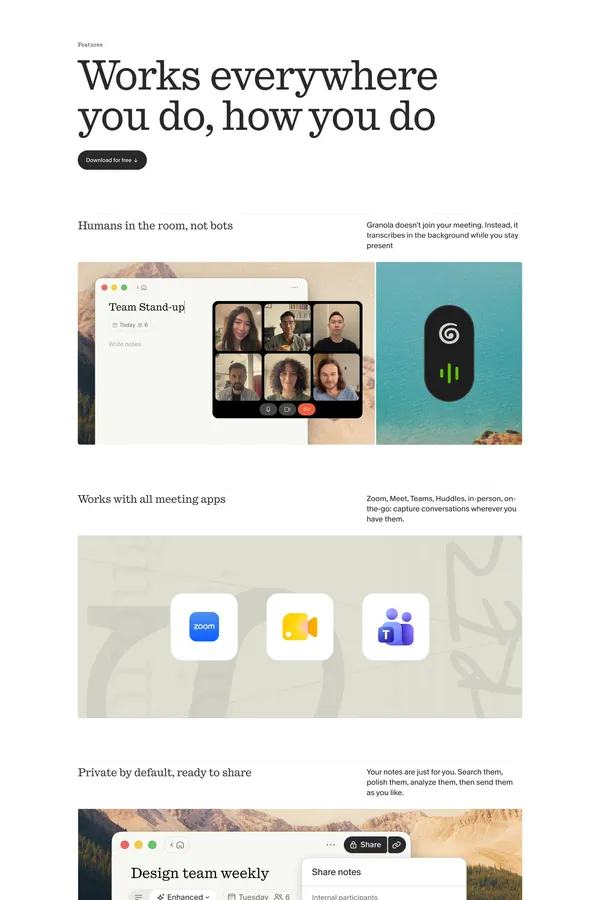 Granola — The AI Notepad for back-to-back meetings - Landing design inspiration