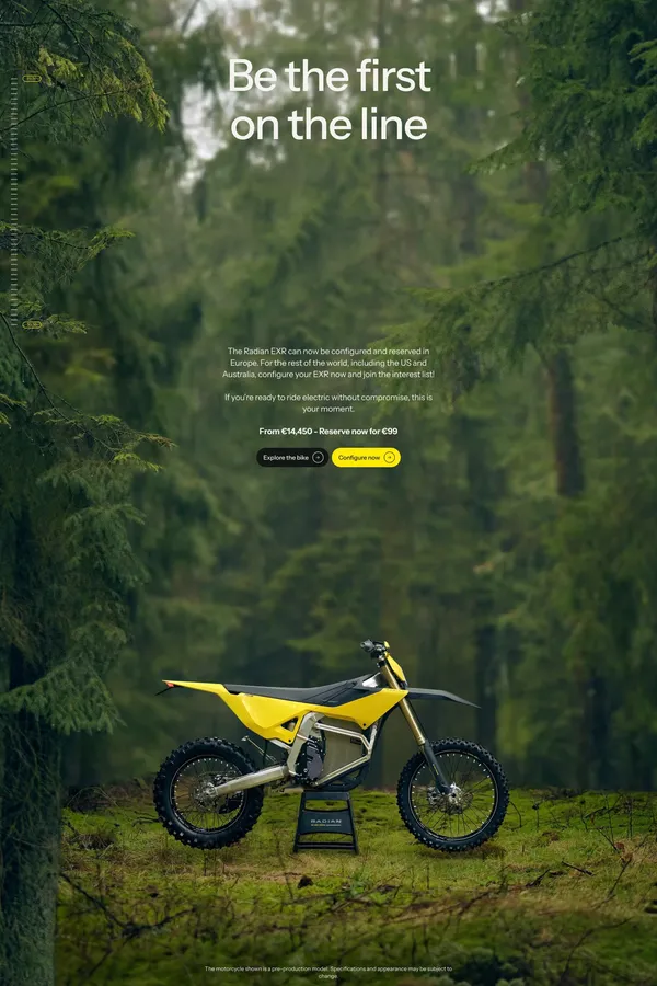 Radian | Electric Enduro Motorcycle | Pre-Order Now - Landing design inspiration