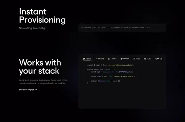 Neon — Ship faster with Postgres - Landing design inspiration