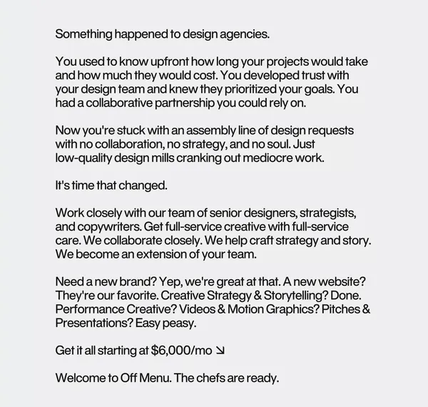 OFF MENU | Full-Service Creative Partner for Fast Moving Teams - Landing design inspiration