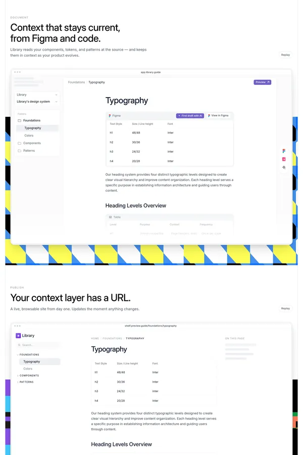 Library — Design systems & context for humans and agents - Landing design inspiration