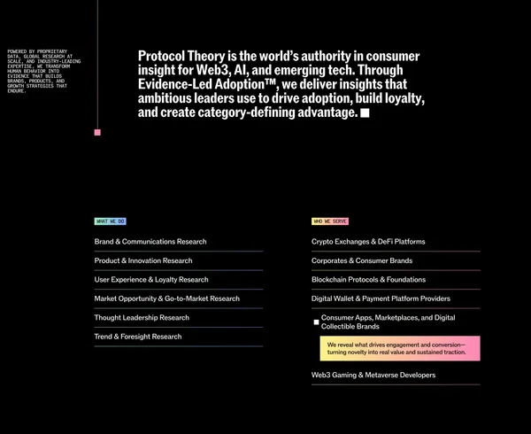 Protocol Theory |  Protocol Theory | Evidence-Based Consumer Insight for Web3, AI, and Emerging Tech - Portfolio design inspiration