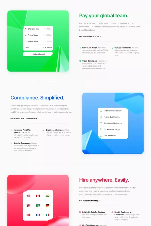 Warp | Modern compliance & payroll for startups - Landing design inspiration