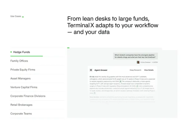 Terminal X - AI Agent Platform for Investment Managers - Landing design inspiration