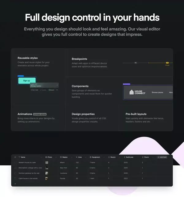 Visual development platform for designers and agencies - Ycode - Landing design inspiration