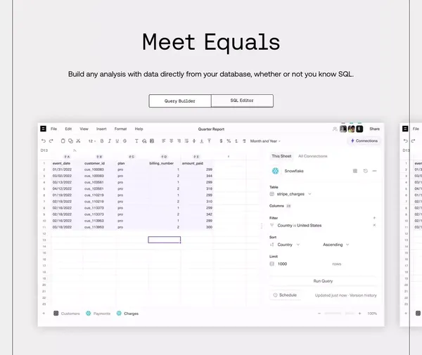 Equals | The fastest way for startups to do any analysis - Landing design inspiration