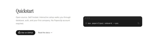 Paperclip — Open-source orchestration for zero-human companies - Landing design inspiration