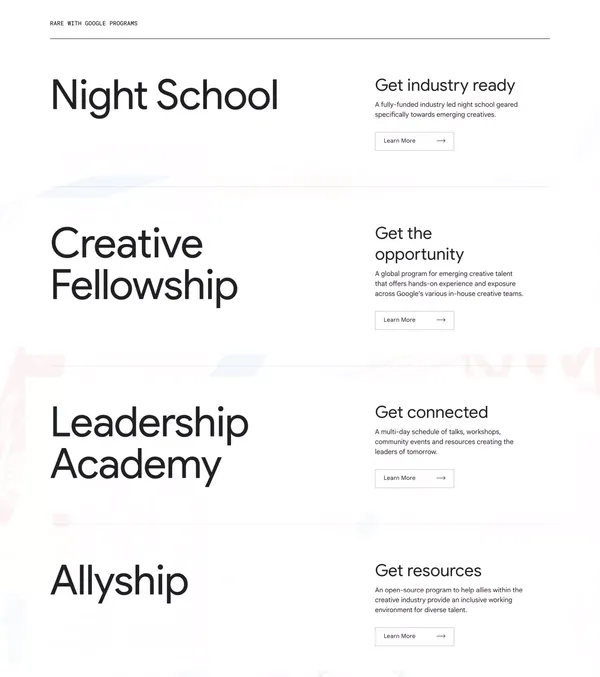 Rare with Google - Landing design inspiration