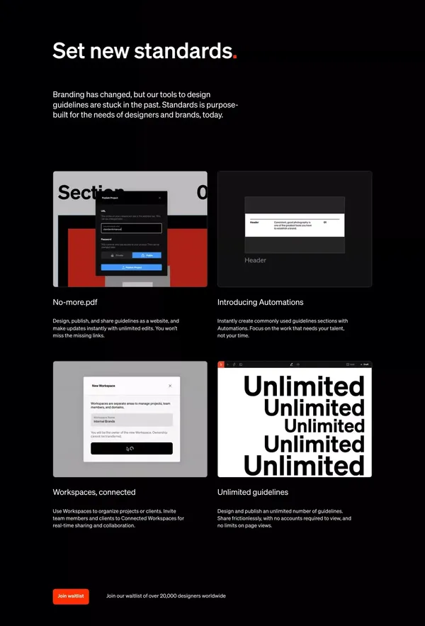 Standards • Design and publish advanced, precise online brand guidelines with no code. - Landing design inspiration