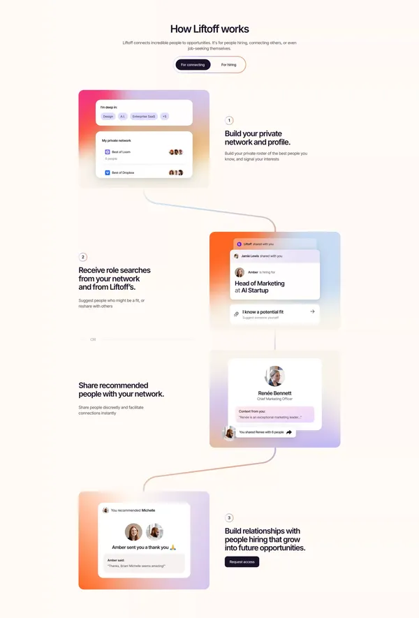Liftoff | Find incredible people, through people you trust - Landing design inspiration